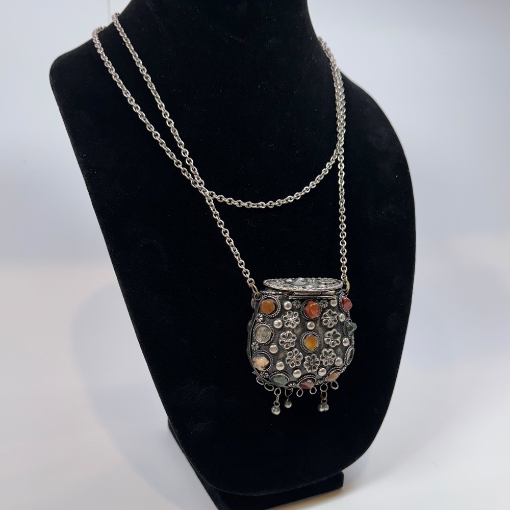 Vintage Gemstone Coin Purse Pendant Necklace